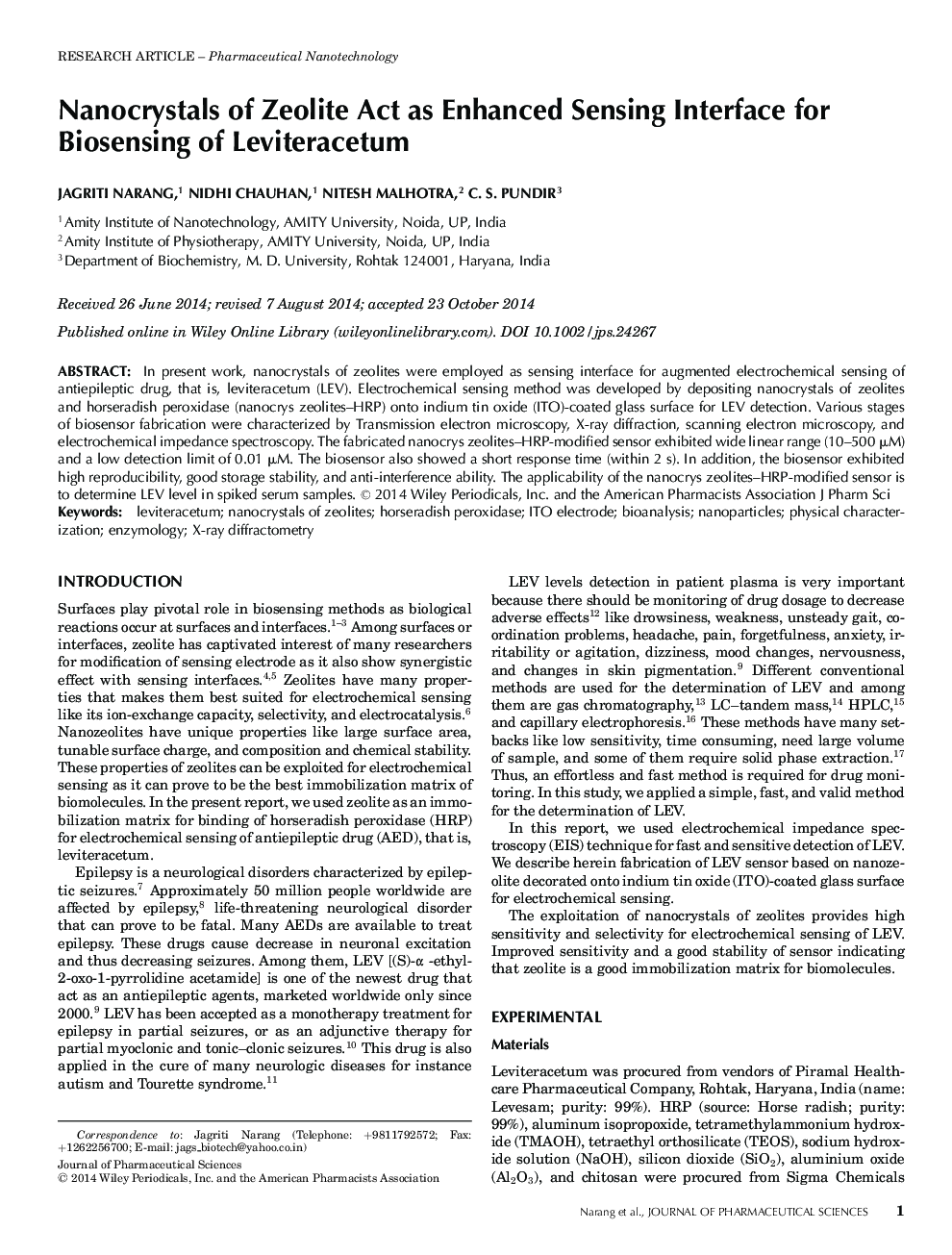 Nanocrystals of Zeolite Act as Enhanced Sensing Interface for Biosensing of Leviteracetum