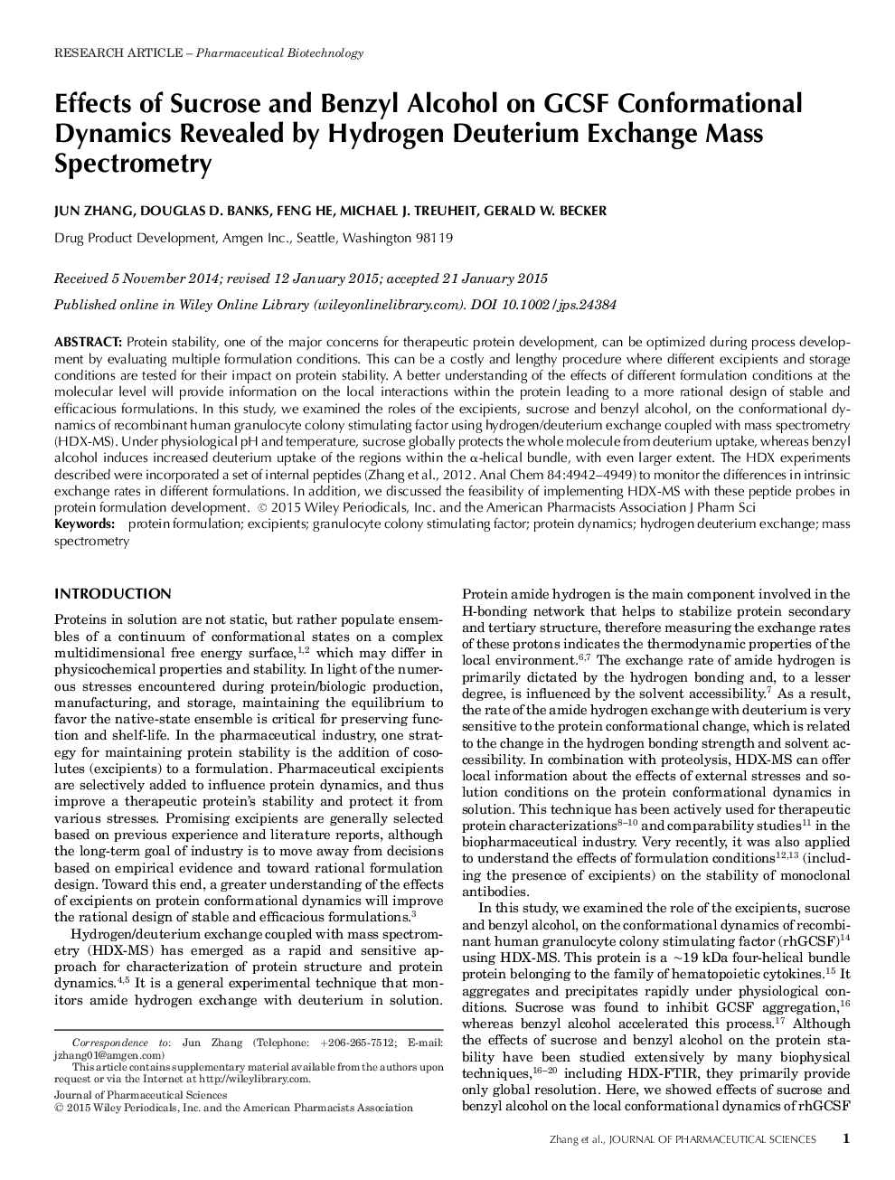 Effects of Sucrose and Benzyl Alcohol on GCSF Conformational Dynamics Revealed by Hydrogen Deuterium Exchange Mass Spectrometry