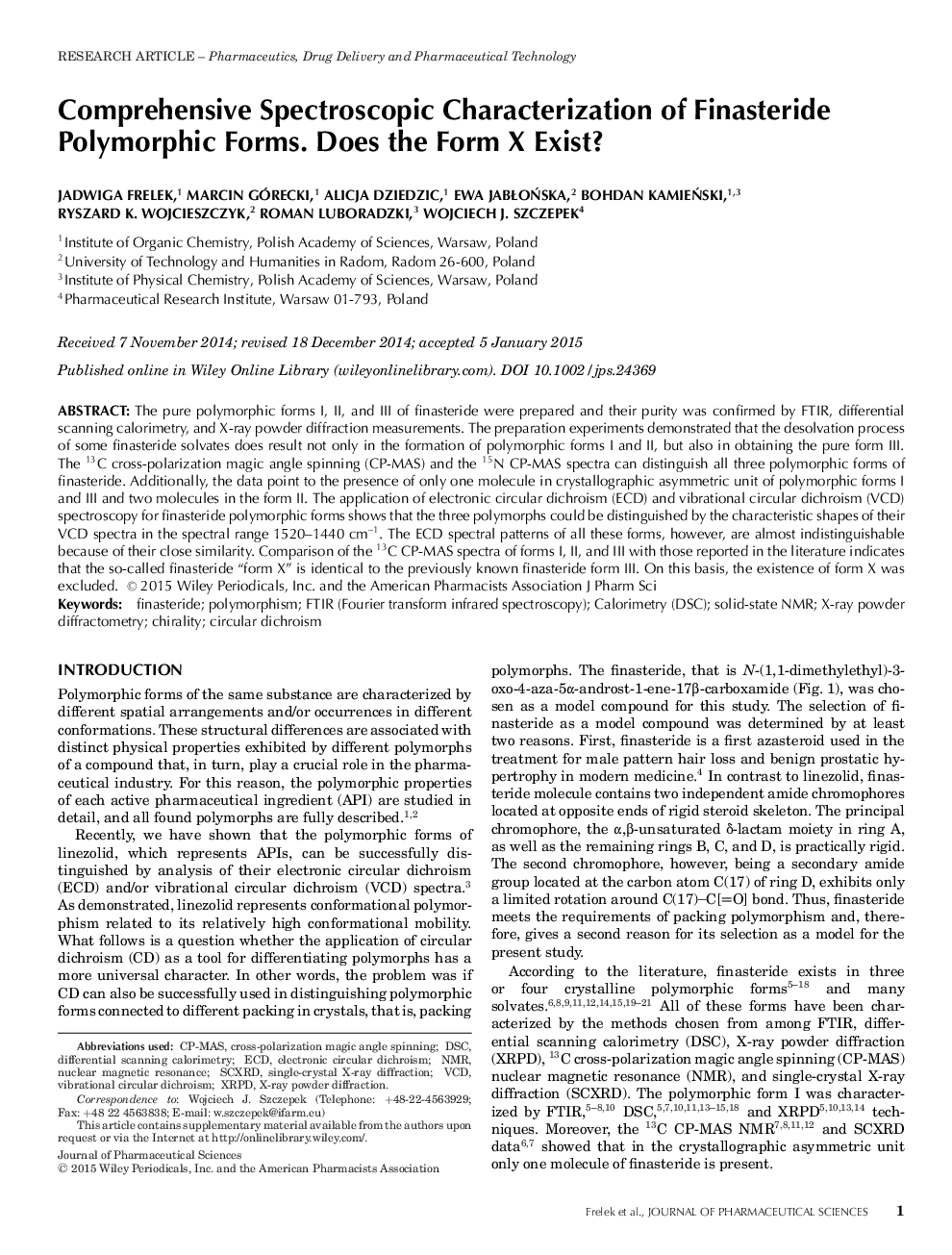 Comprehensive Spectroscopic Characterization of Finasteride Polymorphic Forms. Does the Form X Exist?