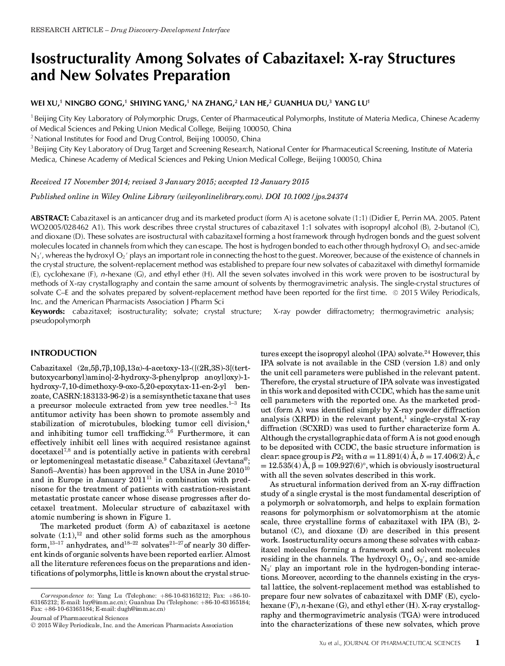 Isostructurality Among Solvates of Cabazitaxel: X-ray Structures and New Solvates Preparation