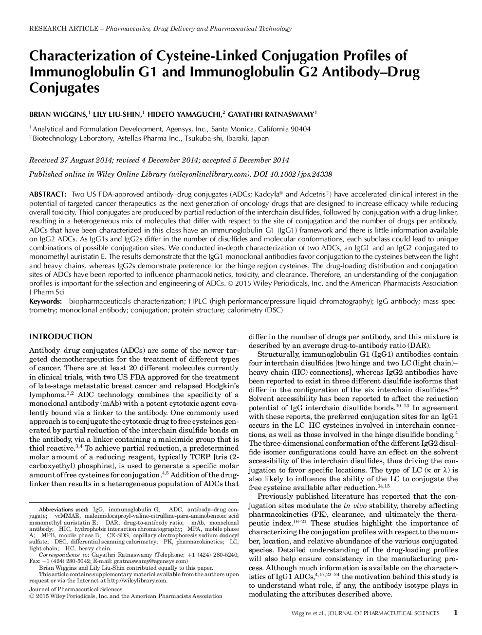 Characterization of Cysteine-Linked Conjugation Profiles of Immunoglobulin G1 and Immunoglobulin G2 Antibody-Drug Conjugates