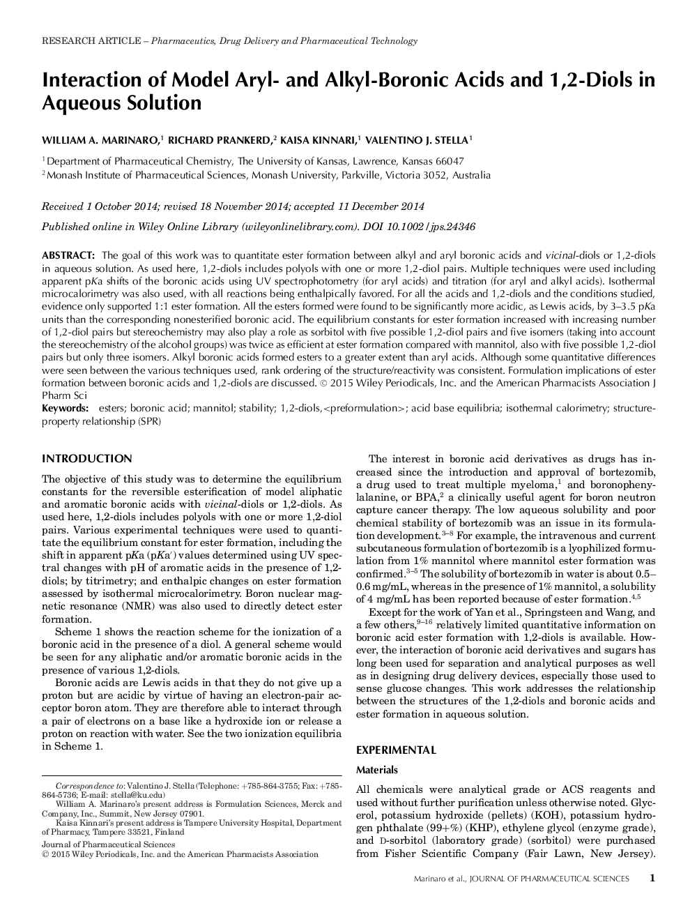 Interaction of Model Aryl- and Alkyl-Boronic Acids and 1,2-Diols in Aqueous Solution