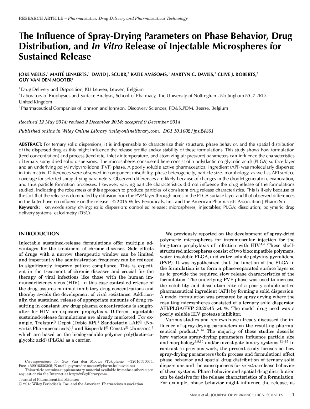 The Influence of Spray-Drying Parameters on Phase Behavior, Drug Distribution, and In Vitro Release of Injectable Microspheres for Sustained Release