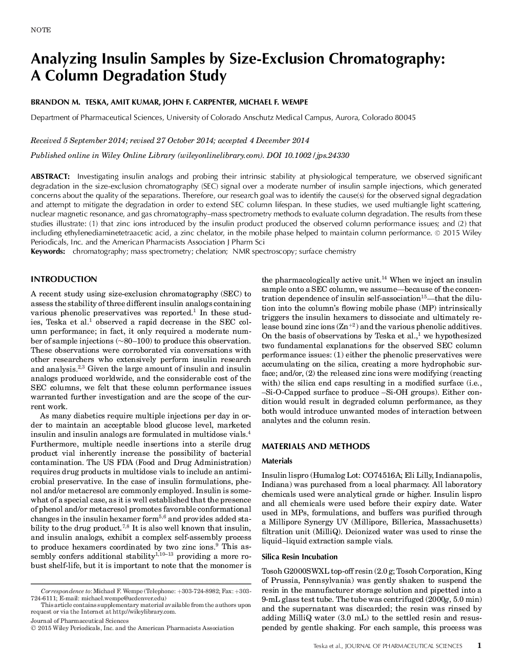 Analyzing Insulin Samples by Size-Exclusion Chromatography: A Column Degradation Study