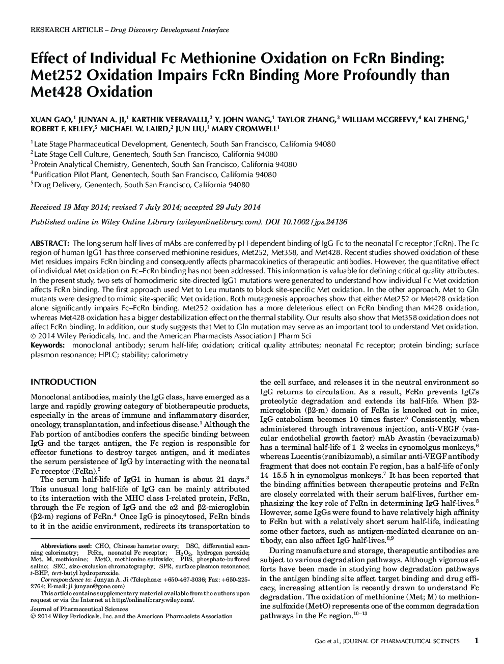 Effect of Individual Fc Methionine Oxidation on FcRn Binding: Met252 Oxidation Impairs FcRn Binding More Profoundly than Met428 Oxidation