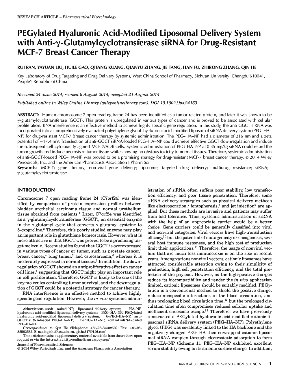 PEGylated Hyaluronic Acid-Modified Liposomal Delivery System with Anti-Î³-Glutamylcyclotransferase siRNA for Drug-Resistant MCF-7 Breast Cancer Therapy