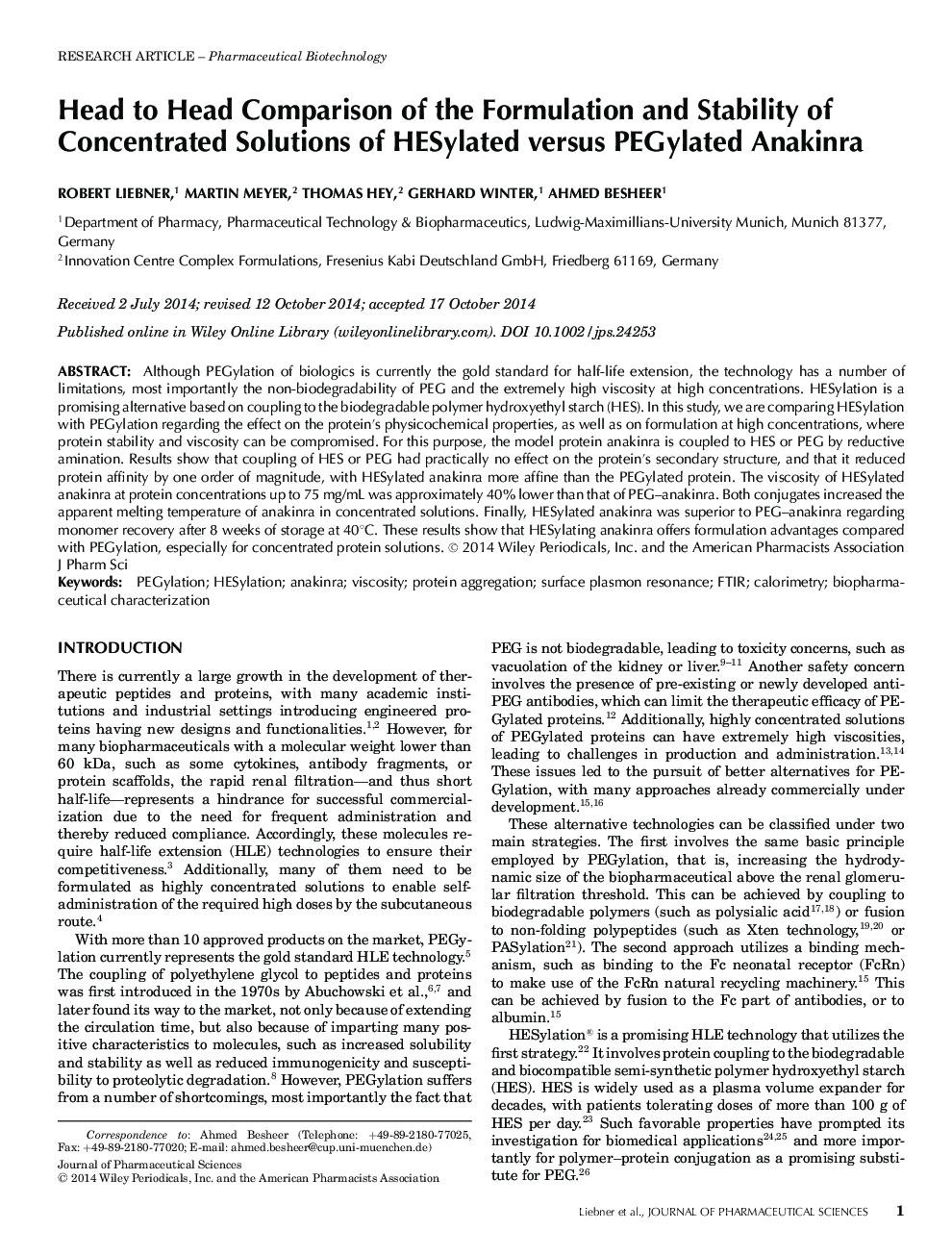 Head to Head Comparison of the Formulation and Stability of Concentrated Solutions of HESylated versus PEGylated Anakinra