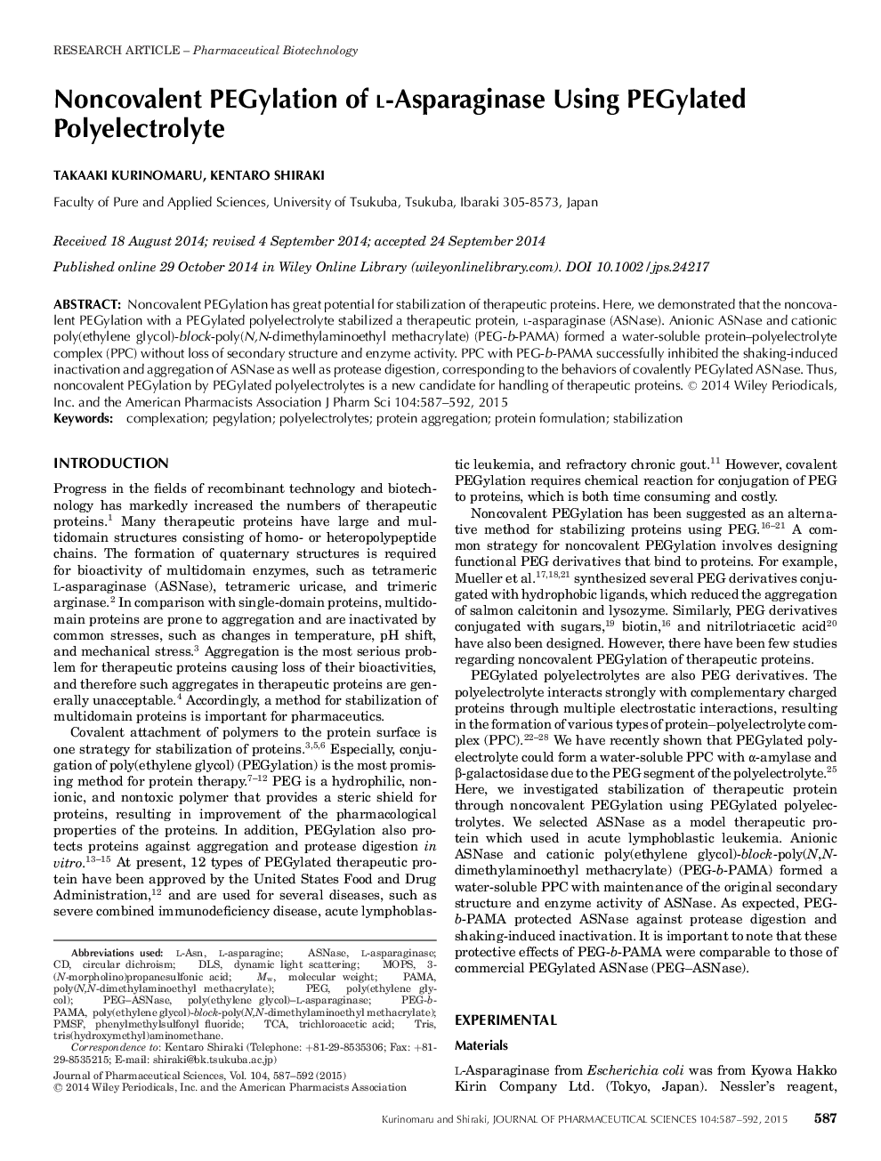 Noncovalent PEGylation of l-Asparaginase Using PEGylated Polyelectrolyte