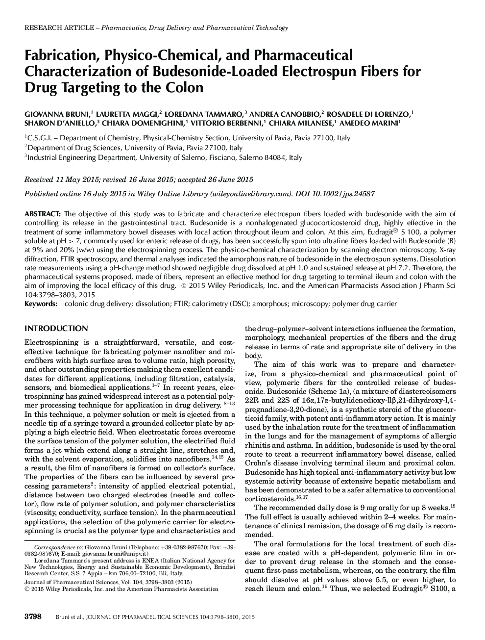 Fabrication, Physico-Chemical, and Pharmaceutical Characterization of Budesonide-Loaded Electrospun Fibers for Drug Targeting to the Colon