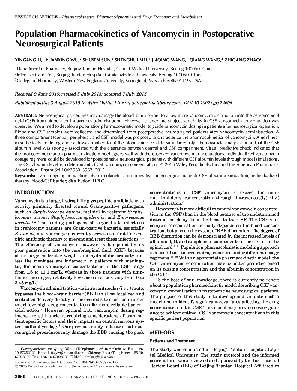 Population Pharmacokinetics of Vancomycin in Postoperative Neurosurgical Patients