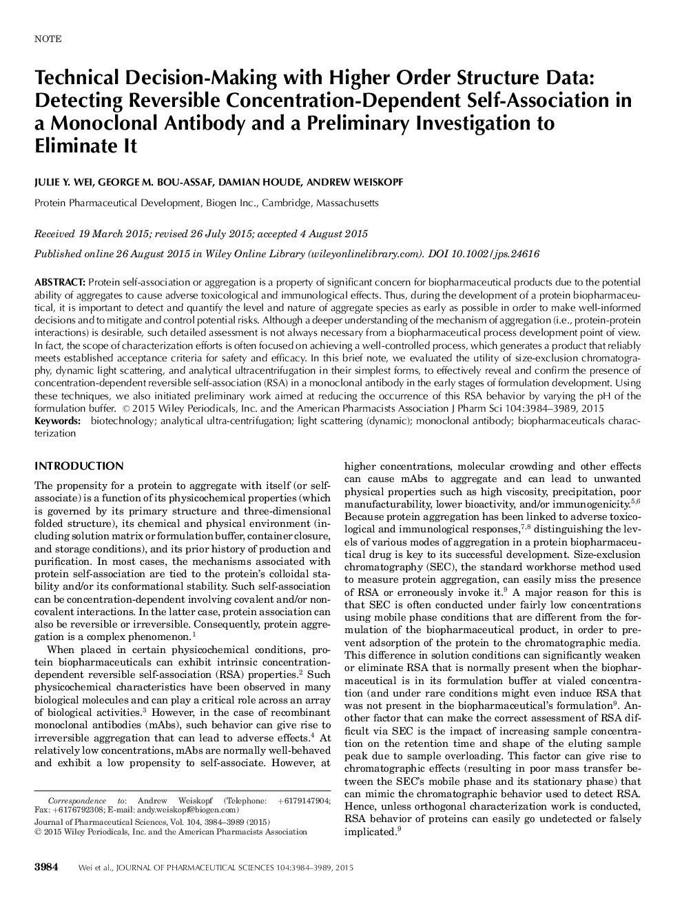 Technical Decision-Making with Higher Order Structure Data: Detecting Reversible Concentration-Dependent Self-Association in a Monoclonal Antibody and a Preliminary Investigation to Eliminate It