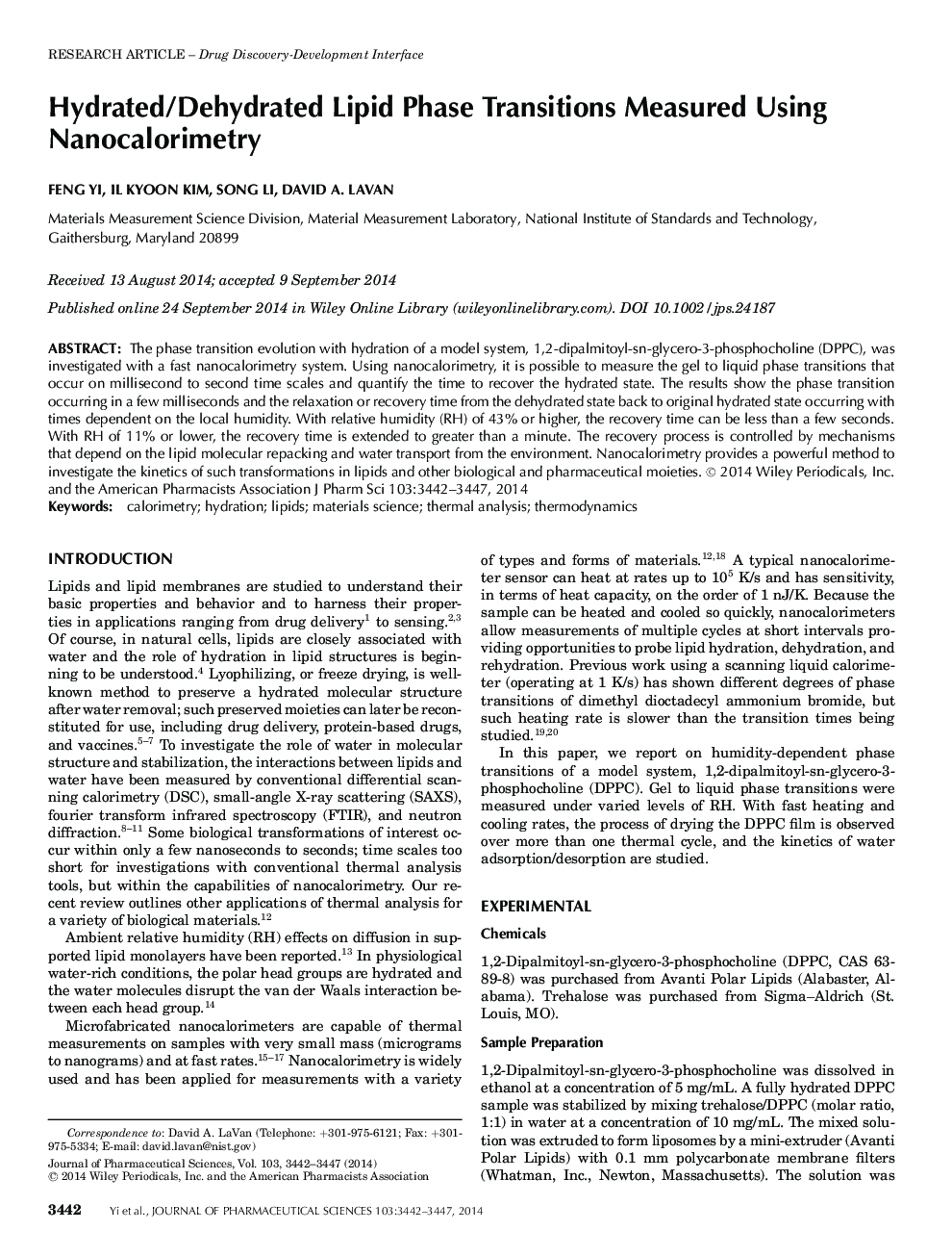 Hydrated/Dehydrated Lipid Phase Transitions Measured Using Nanocalorimetry