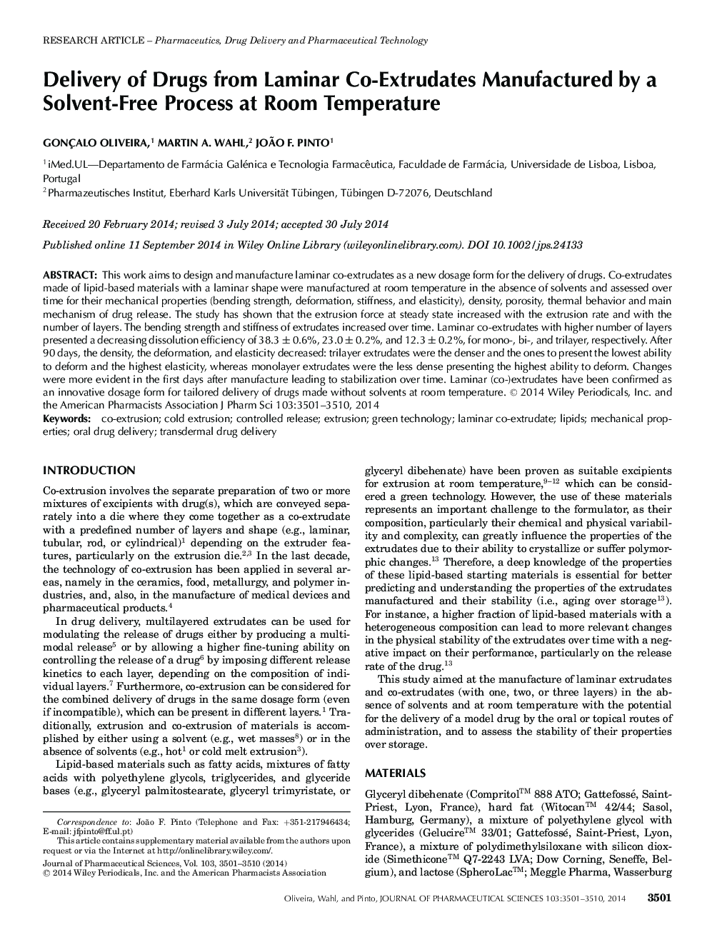 Delivery of Drugs from Laminar Co-Extrudates Manufactured by a Solvent-Free Process at Room Temperature