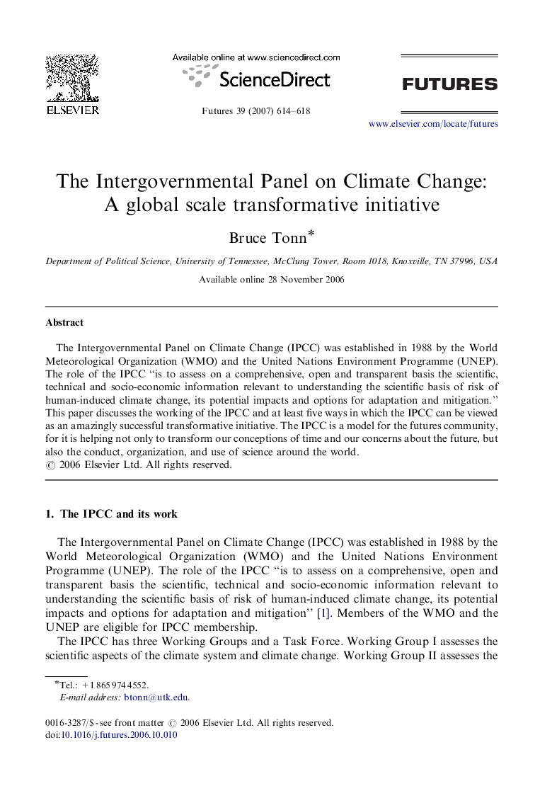 The Intergovernmental Panel on Climate Change: A global scale transformative initiative