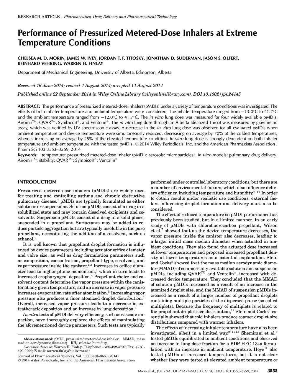 Performance of Pressurized MeteredâDose Inhalers at Extreme Temperature Conditions