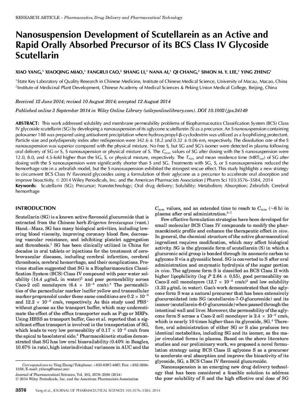 Nanosuspension Development of Scutellarein as an Active and Rapid Orally Absorbed Precursor of its BCS Class IV Glycoside Scutellarin