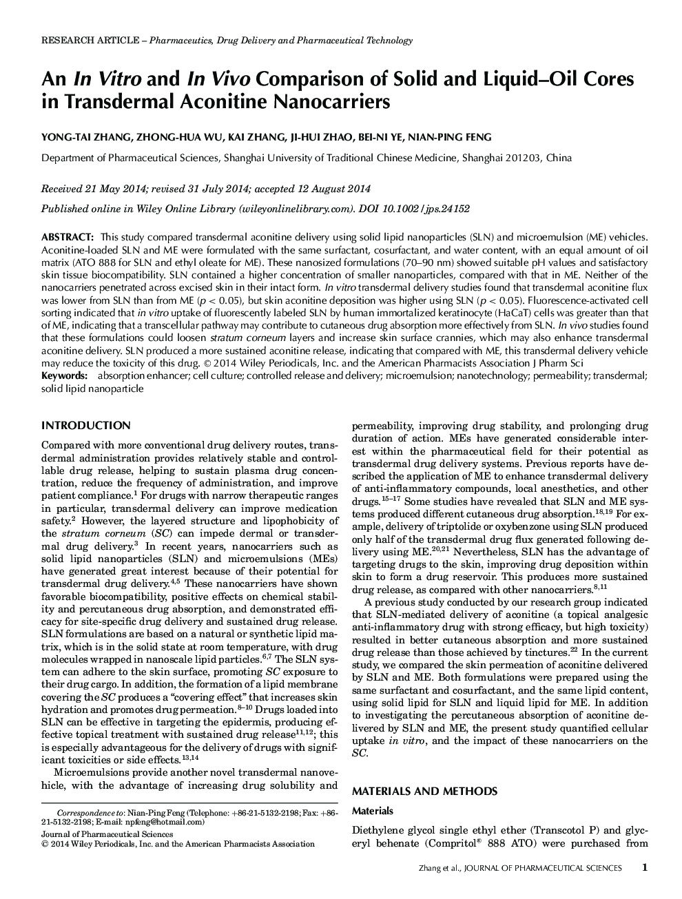 An In Vitro and In Vivo Comparison of Solid and Liquid-Oil Cores in Transdermal Aconitine Nanocarriers