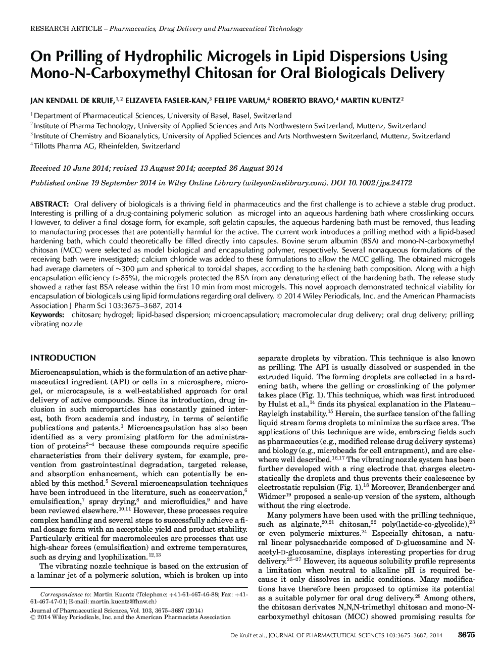 On Prilling of Hydrophilic Microgels in Lipid Dispersions Using MonoâNâCarboxymethyl Chitosan for Oral Biologicals Delivery