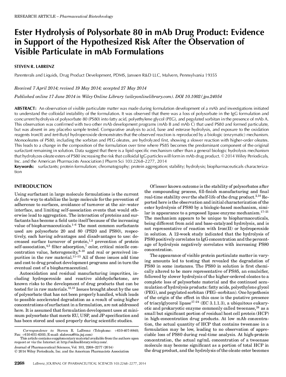 Ester Hydrolysis of Polysorbate 80 in mAb Drug Product: Evidence in Support of the Hypothesized Risk After the Observation of Visible Particulate in mAb Formulations