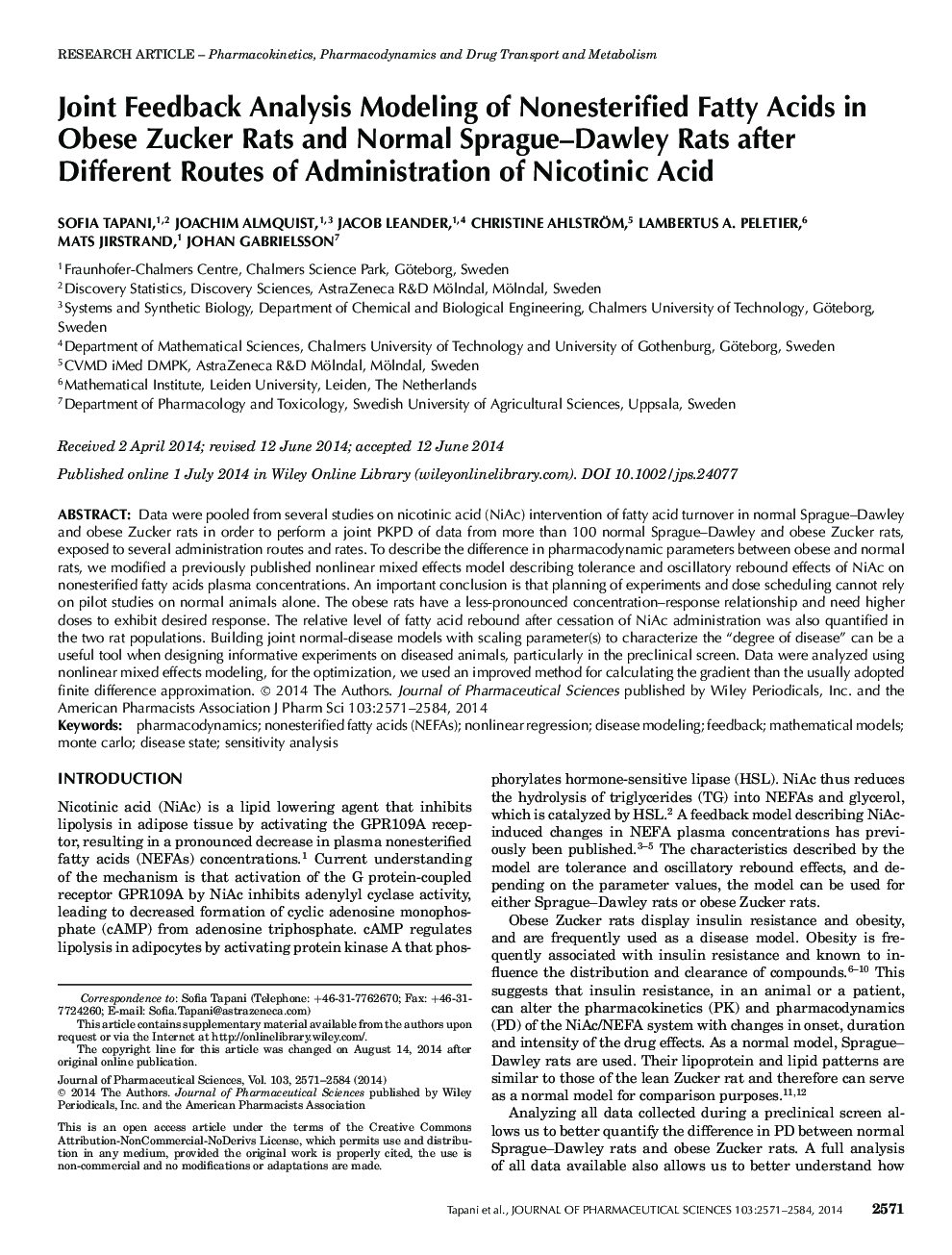 Joint Feedback Analysis Modeling of Nonesterified Fatty Acids in Obese Zucker Rats and Normal Sprague-Dawley Rats after Different Routes of Administration of Nicotinic Acid