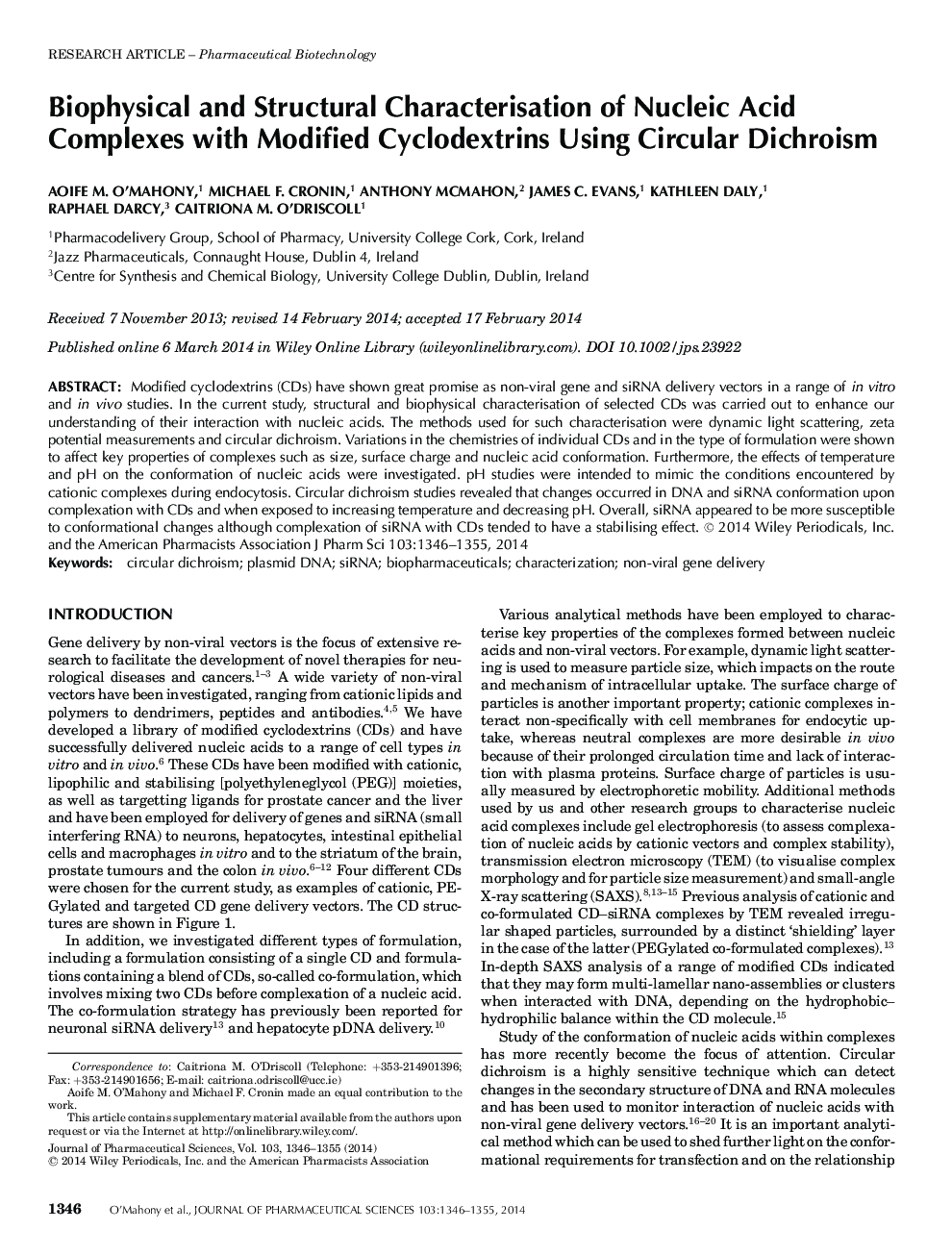 شناسایی بیوفیزیک و سازه های مجتمع های اسید نوکلئیک با سیکلوکودکسترین های اصلاح شده با استفاده از دی کروم 