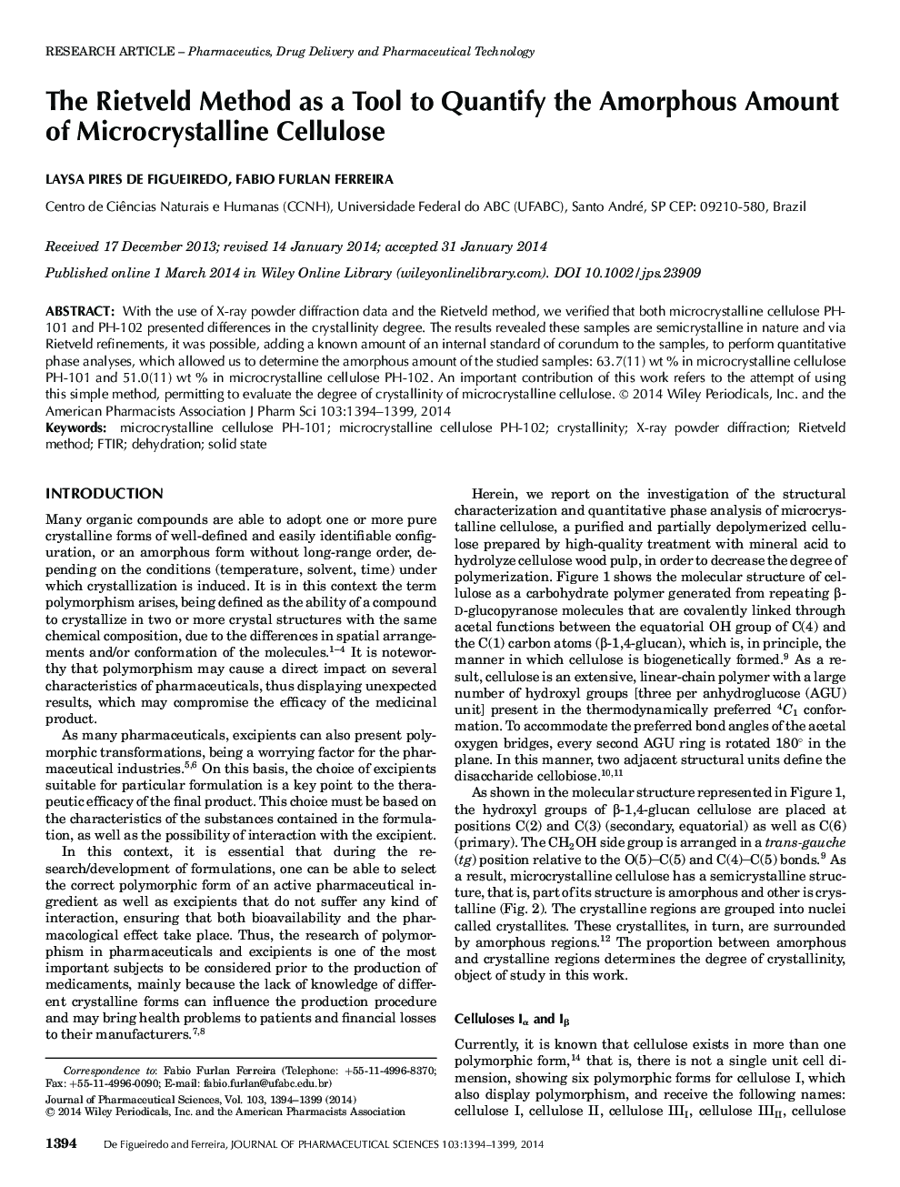 The Rietveld Method as a Tool to Quantify the Amorphous Amount of Microcrystalline Cellulose