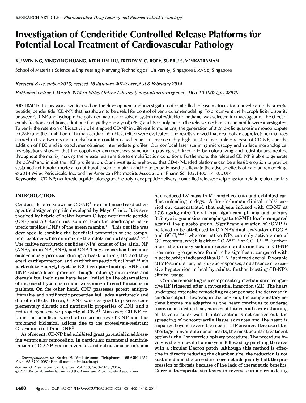 Investigation of Cenderitide Controlled Release Platforms for Potential Local Treatment of Cardiovascular Pathology