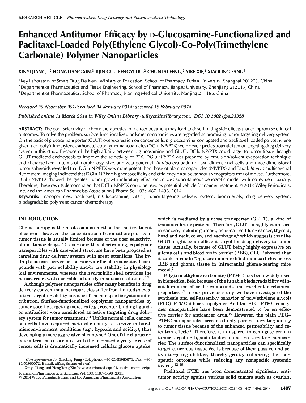 Enhanced Antitumor Efficacy by d-Glucosamine-Functionalized and Paclitaxel-Loaded Poly(Ethylene Glycol)-Co-Poly(Trimethylene Carbonate) Polymer Nanoparticles