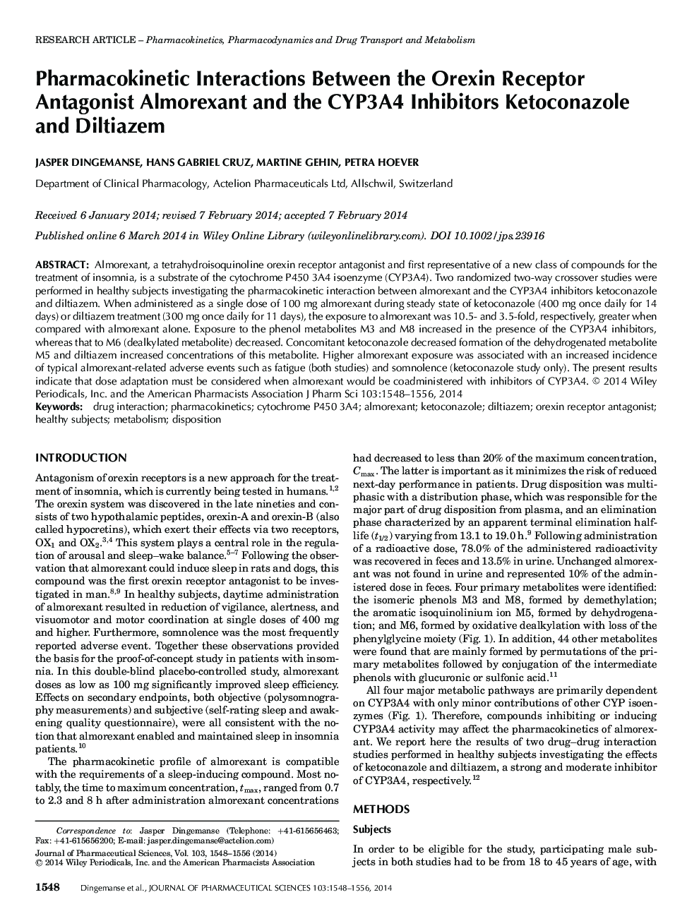 Pharmacokinetic Interactions Between the Orexin Receptor Antagonist Almorexant and the CYP3A4 Inhibitors Ketoconazole and Diltiazem