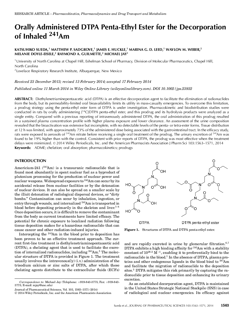 Orally Administered DTPA Penta-Ethyl Ester for the Decorporation of Inhaled 241Am