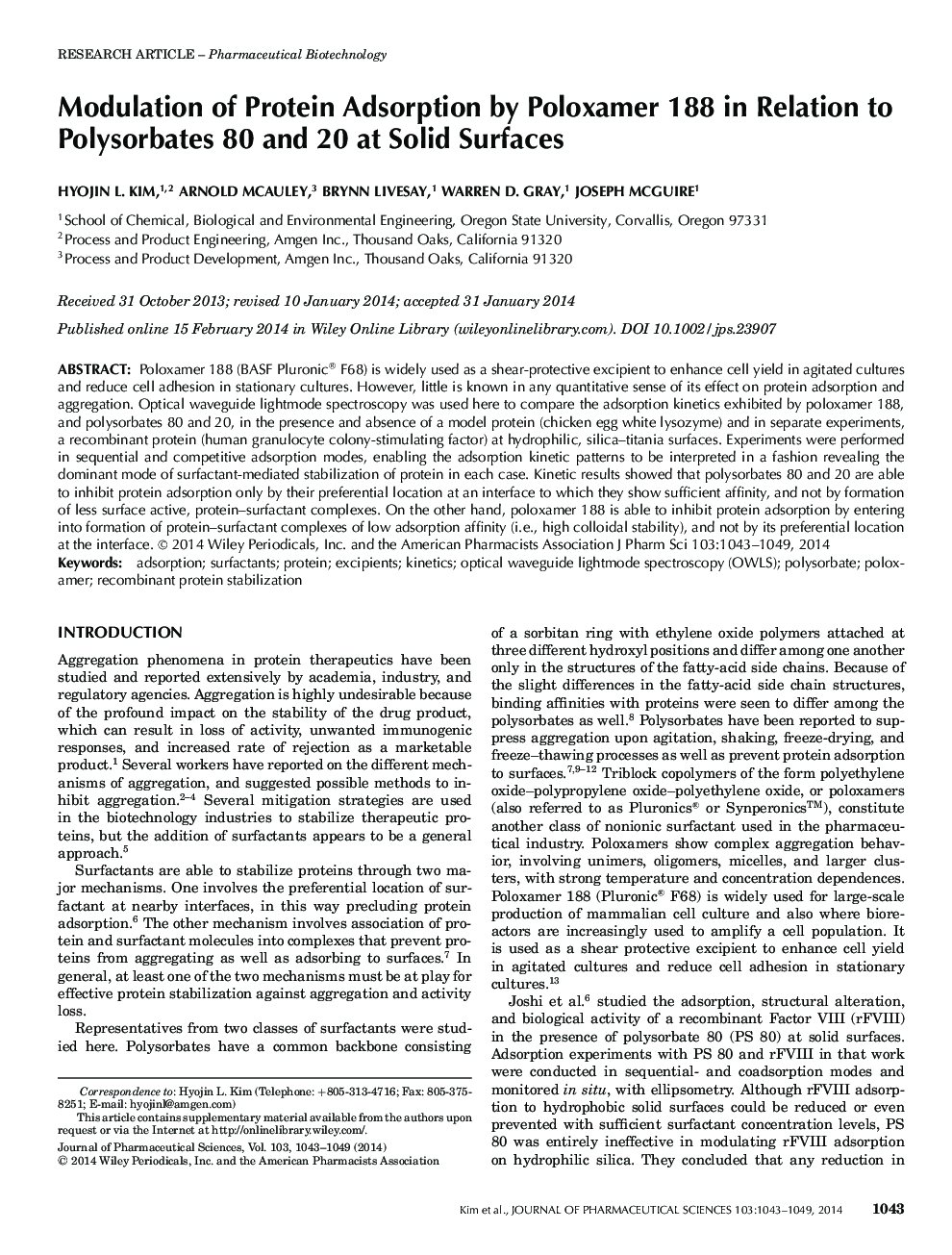 Modulation of Protein Adsorption by Poloxamer 188 in Relation to Polysorbates 80 and 20 at Solid Surfaces