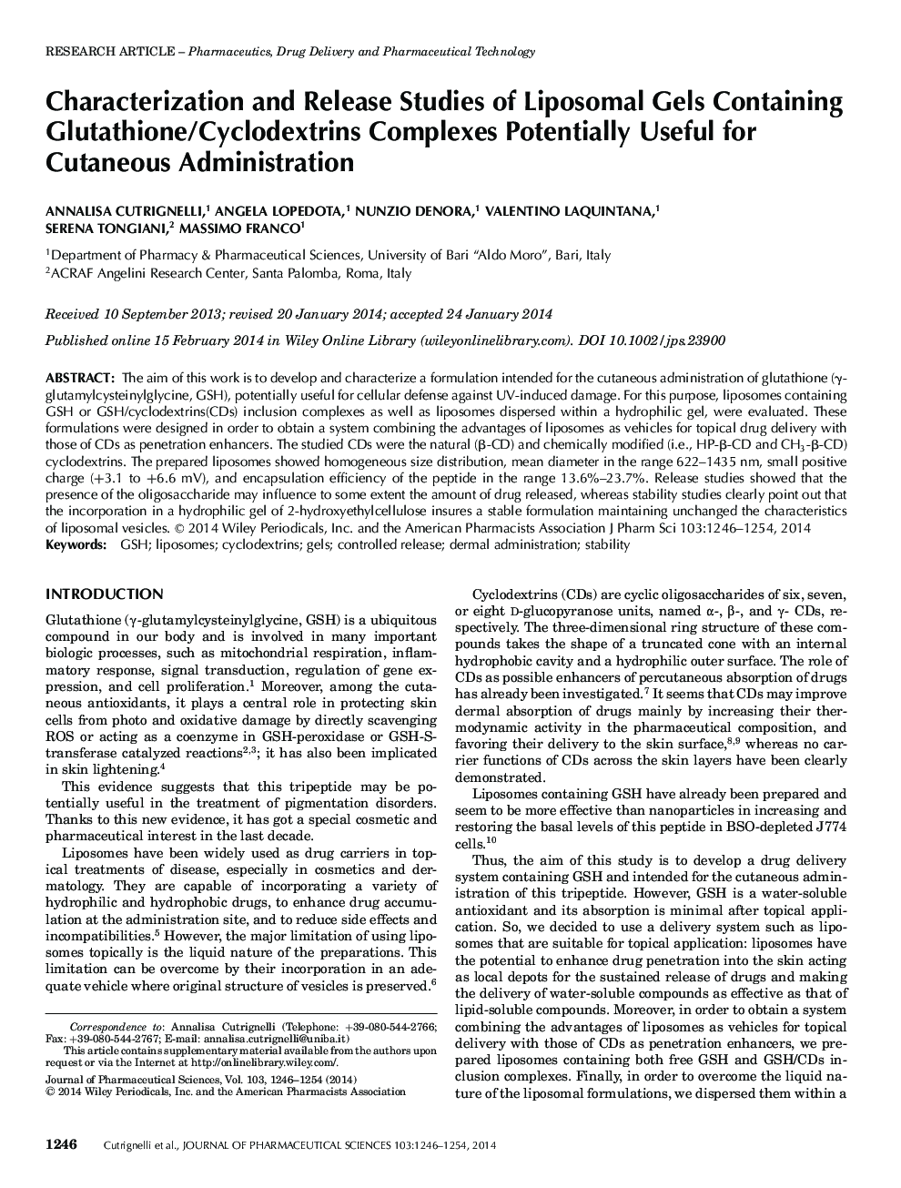 Characterization and Release Studies of Liposomal Gels Containing Glutathione/Cyclodextrins Complexes Potentially Useful for Cutaneous Administration