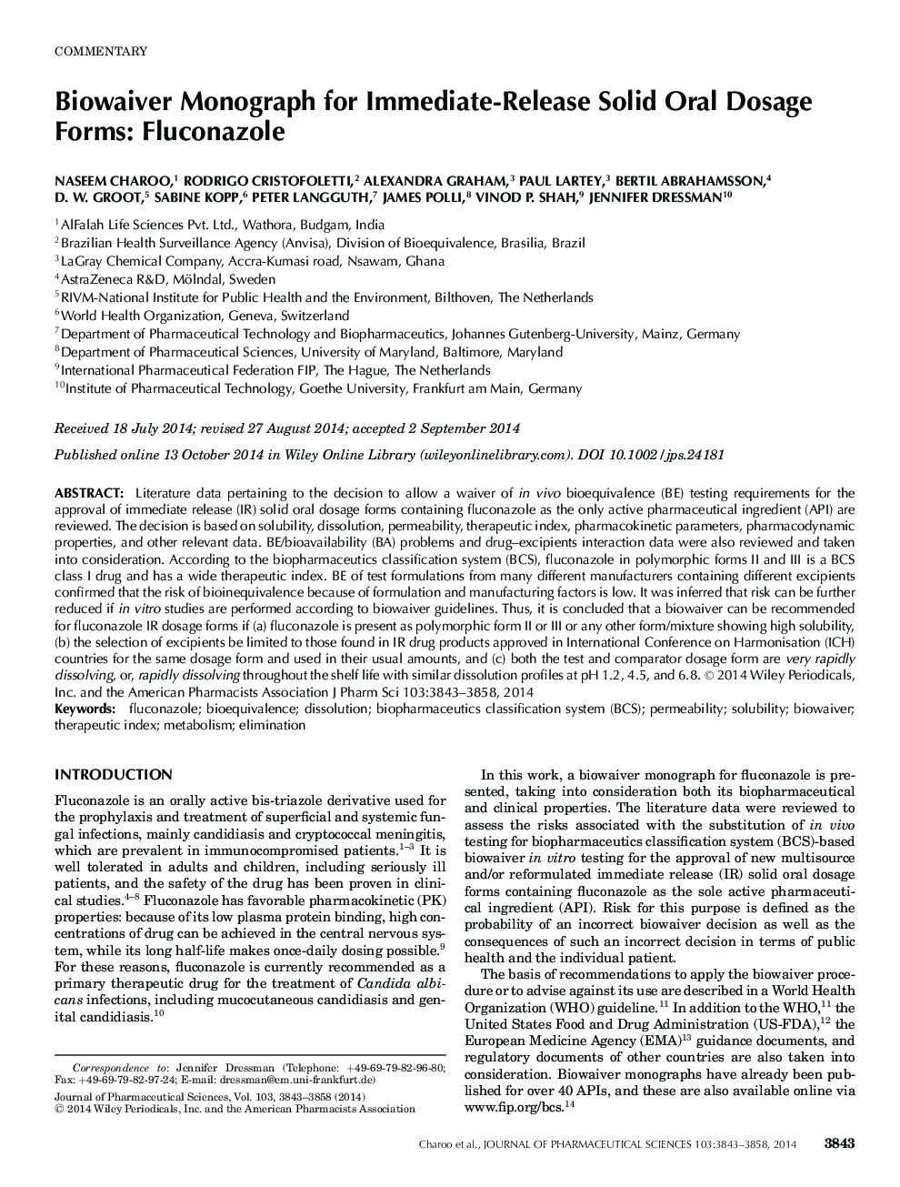 Biowaiver Monograph for Immediate-Release Solid Oral Dosage Forms: Fluconazole