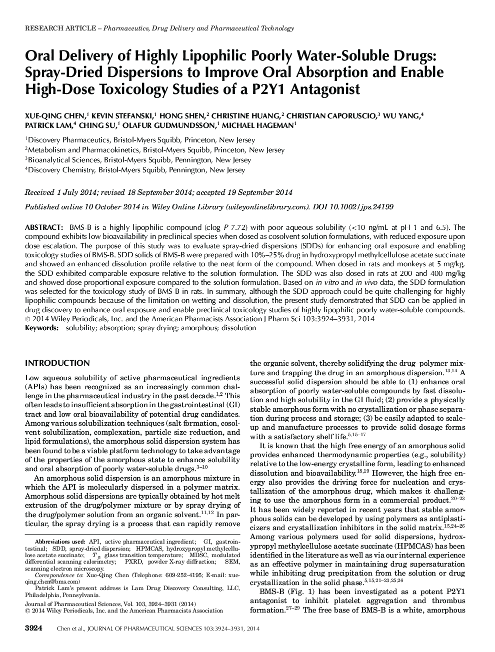 Oral Delivery of Highly Lipophilic Poorly Water-Soluble Drugs: Spray-Dried Dispersions to Improve Oral Absorption and Enable High-Dose Toxicology Studies of a P2Y1 Antagonist