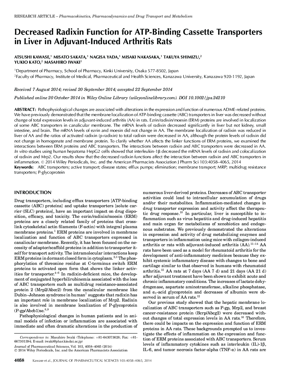 Decreased Radixin Function for ATP-Binding Cassette Transporters in Liver in Adjuvant-Induced Arthritis Rats