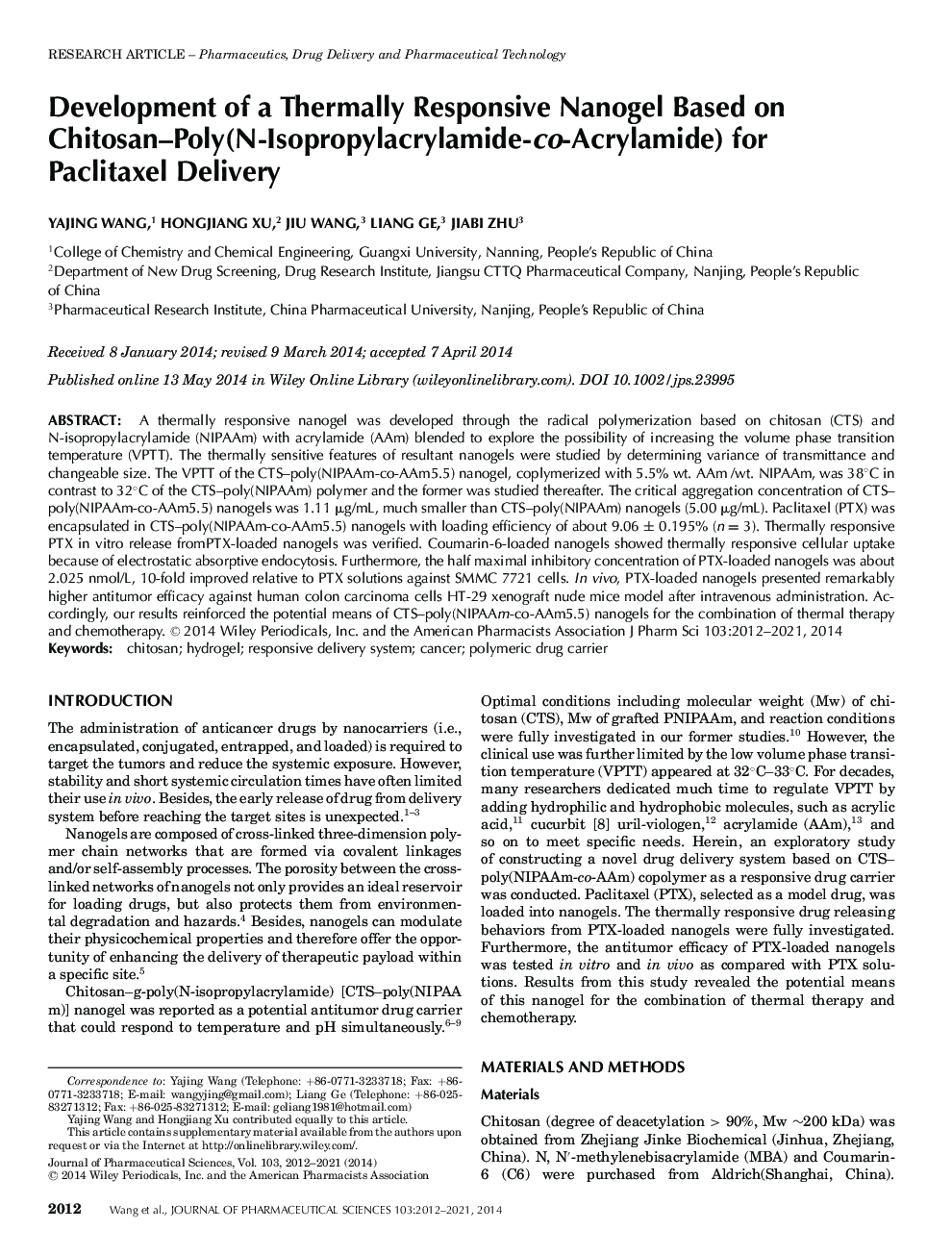 Development of a Thermally Responsive Nanogel Based on Chitosan-Poly(N-Isopropylacrylamide-co-Acrylamide) for Paclitaxel Delivery