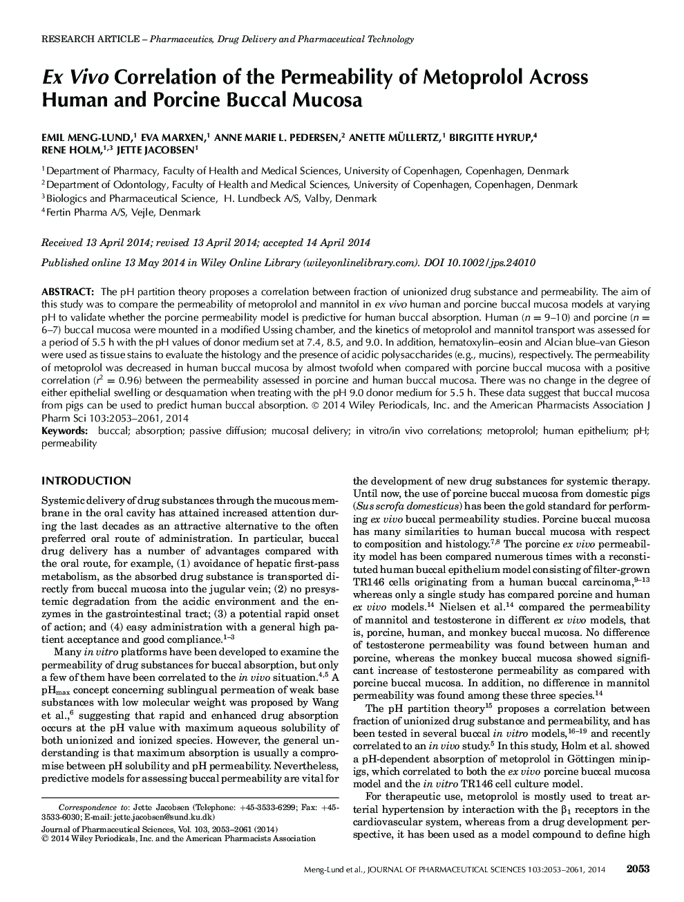 Ex Vivo Correlation of the Permeability of Metoprolol Across Human and Porcine Buccal Mucosa