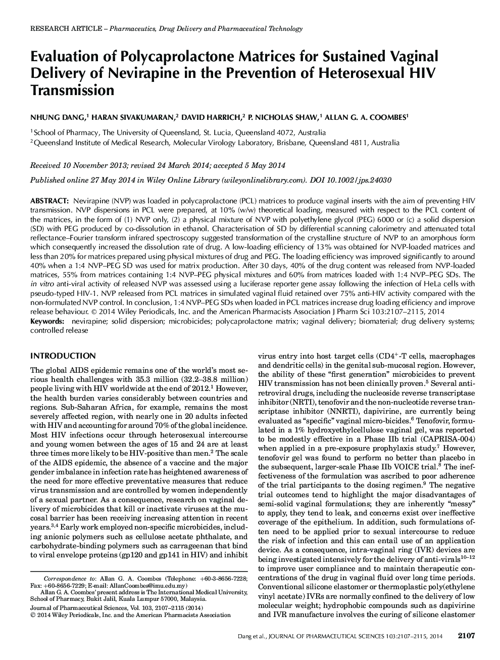 ارزیابی ماتریس های پلی کاپرولاکتون برای تحویل پایدار واژینال نویار پین در پیشگیری از انتقال هتروزیکس 