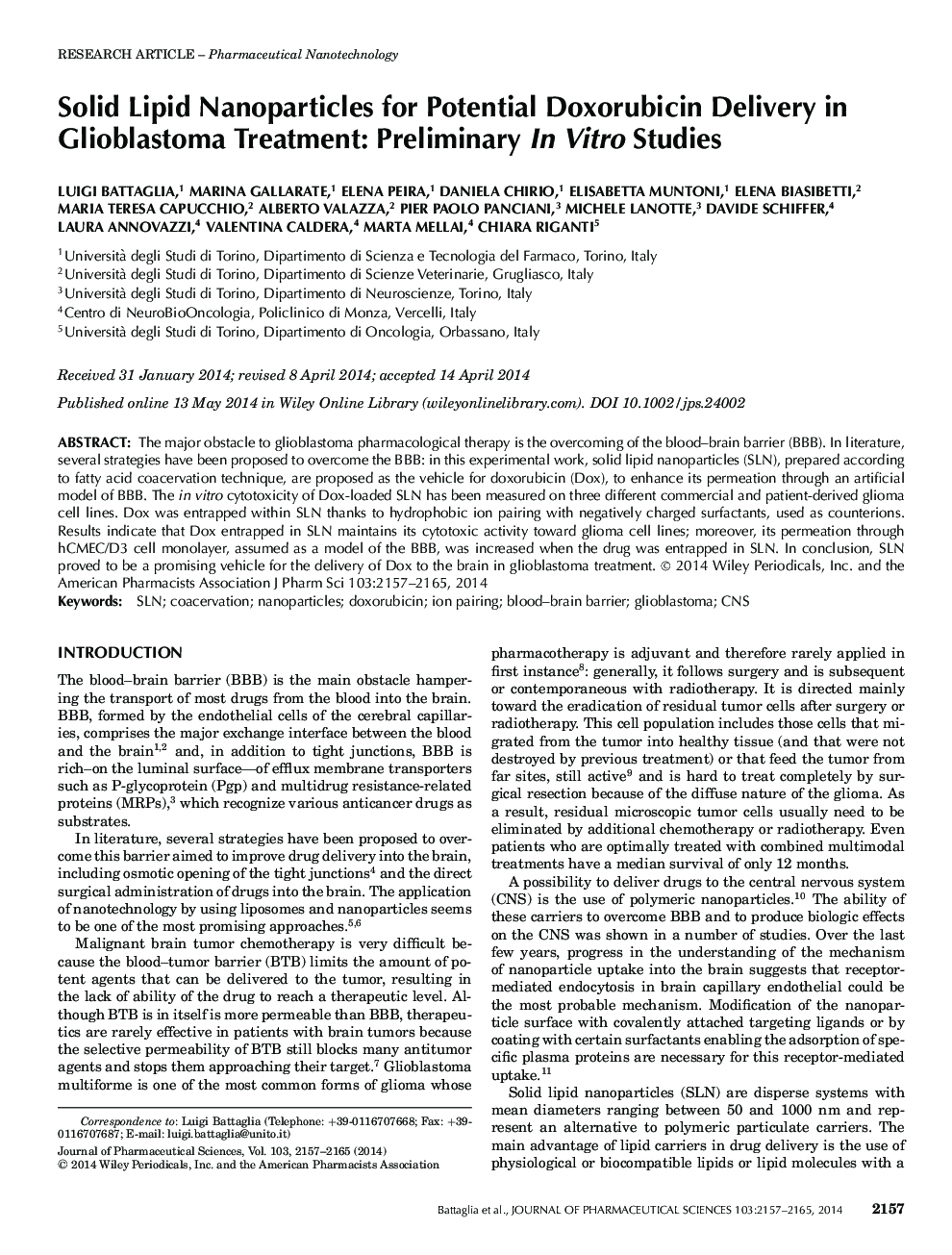 Solid Lipid Nanoparticles for Potential Doxorubicin Delivery in Glioblastoma Treatment: Preliminary In Vitro Studies