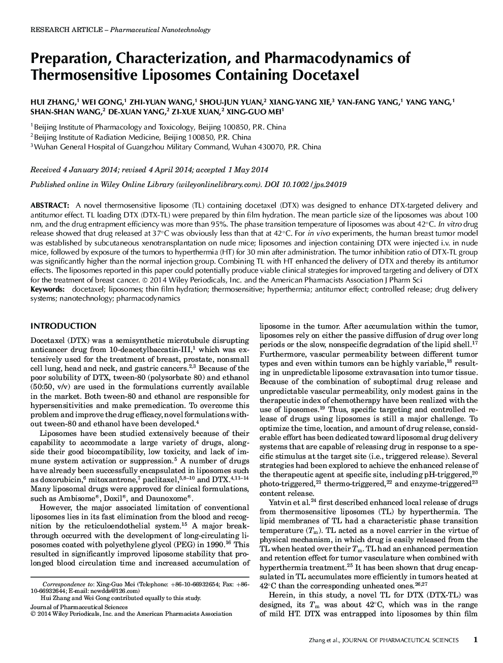 Preparation, Characterization, and Pharmacodynamics of Thermosensitive Liposomes Containing Docetaxel