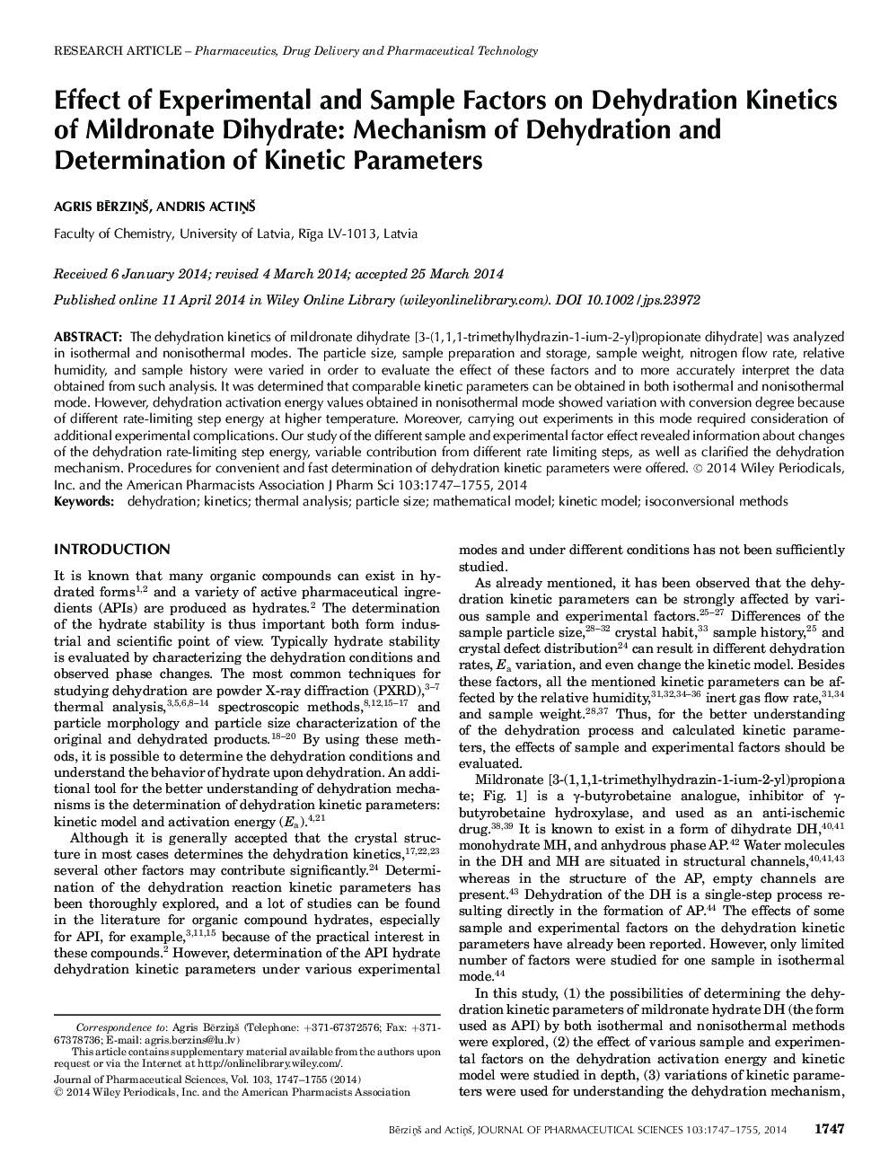 Effect of Experimental and Sample Factors on Dehydration Kinetics of Mildronate Dihydrate: Mechanism of Dehydration and Determination of Kinetic Parameters