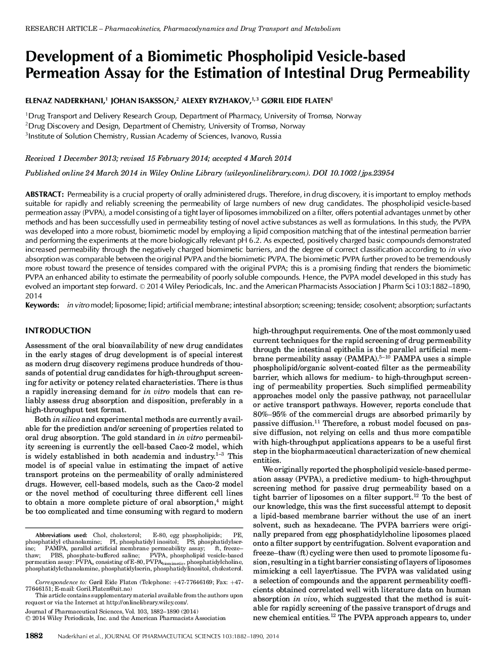 Development of a Biomimetic Phospholipid Vesicle-based Permeation Assay for the Estimation of Intestinal Drug Permeability