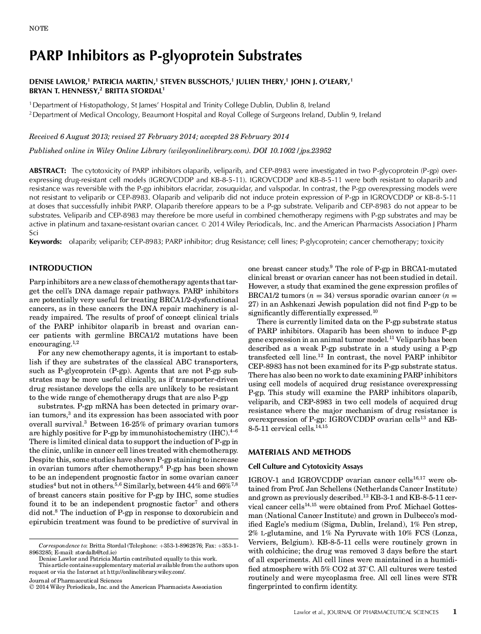 PARP Inhibitors as P-glyoprotein Substrates