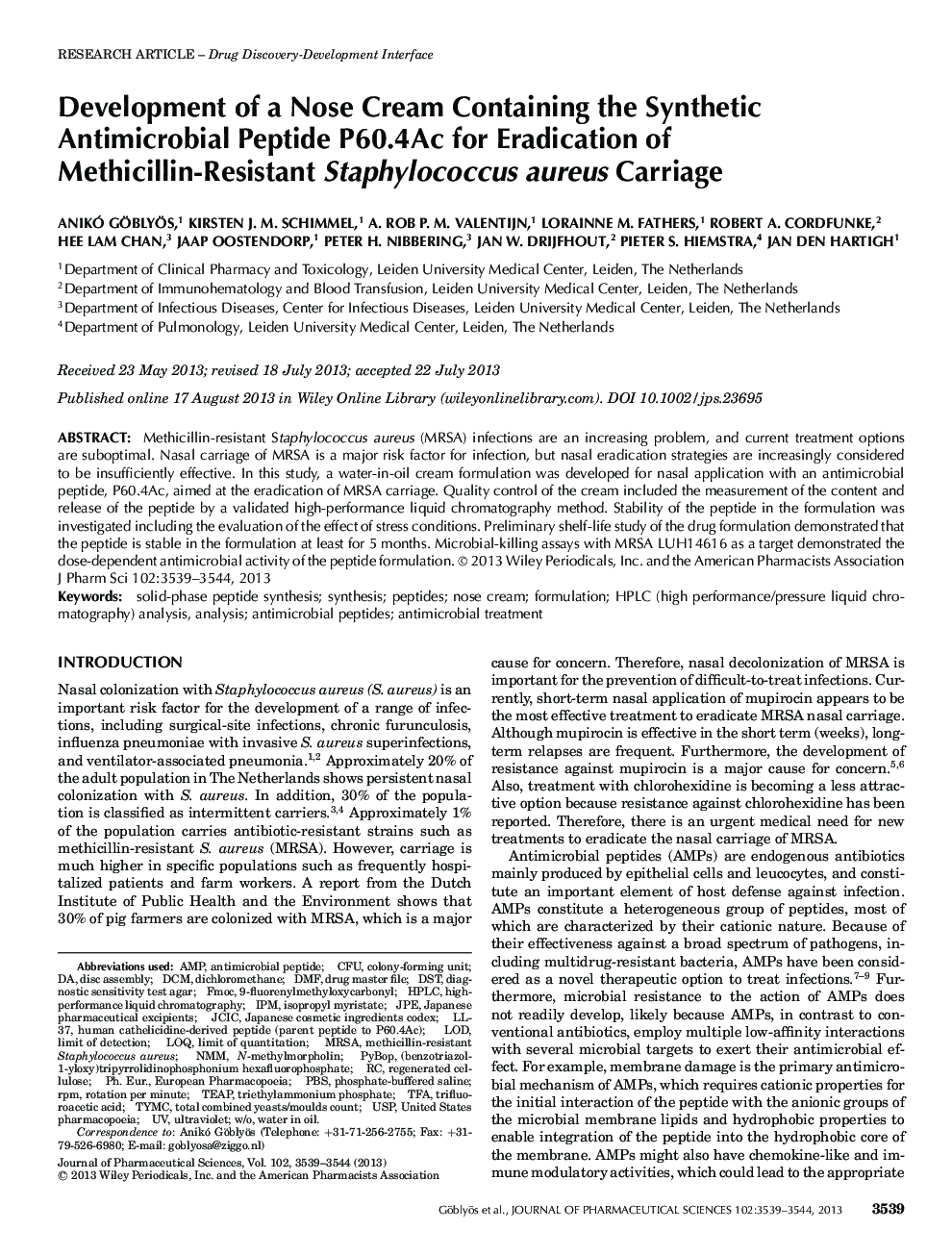 Development of a Nose Cream Containing the Synthetic Antimicrobial Peptide P60.4Ac for Eradication of Methicillin-Resistant Staphylococcus aureus Carriage