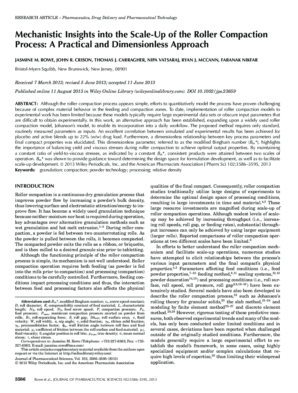 Mechanistic Insights into the ScaleâUp of the Roller Compaction Process: A Practical and Dimensionless Approach