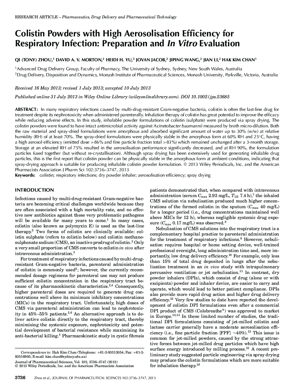 Colistin Powders with High Aerosolisation Efficiency for Respiratory Infection: Preparation and In Vitro Evaluation