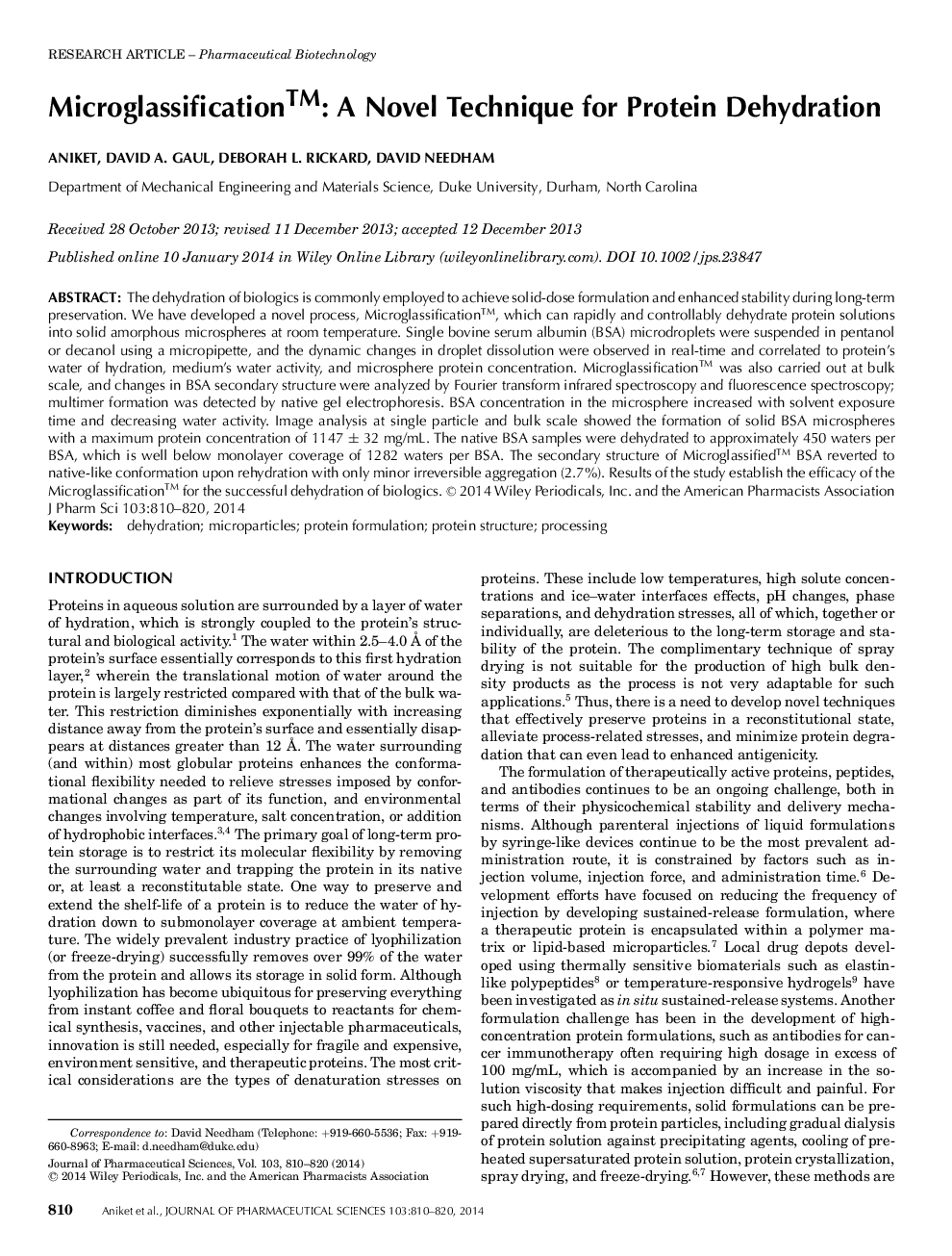 MicroglassificationTM: A Novel Technique for Protein Dehydration