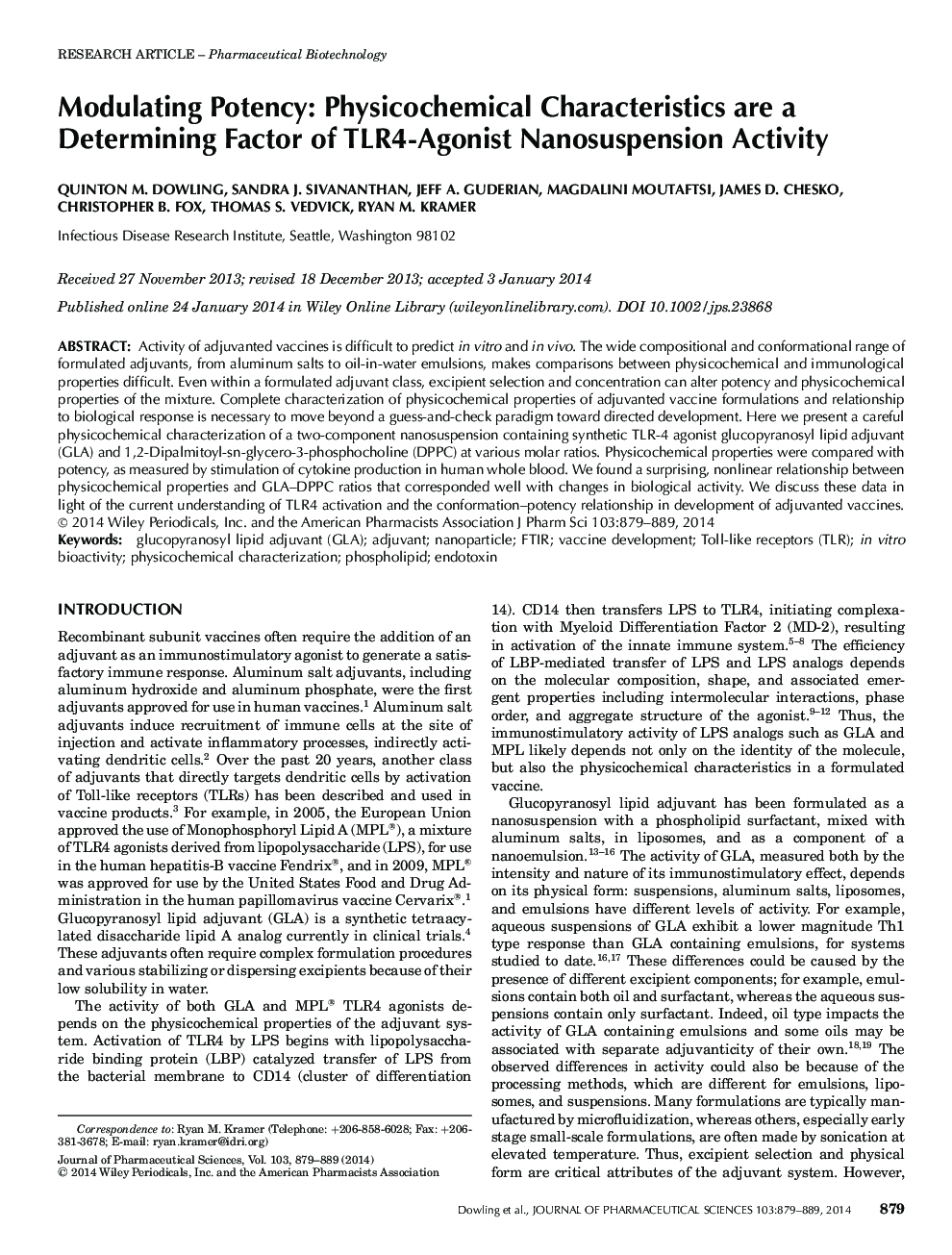 Modulating Potency: Physicochemical Characteristics are a Determining Factor of TLR4-Agonist Nanosuspension Activity