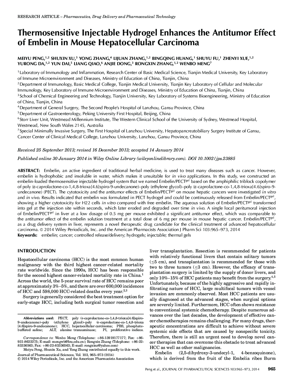 Thermosensitive Injectable Hydrogel Enhances the Antitumor Effect of Embelin in Mouse Hepatocellular Carcinoma