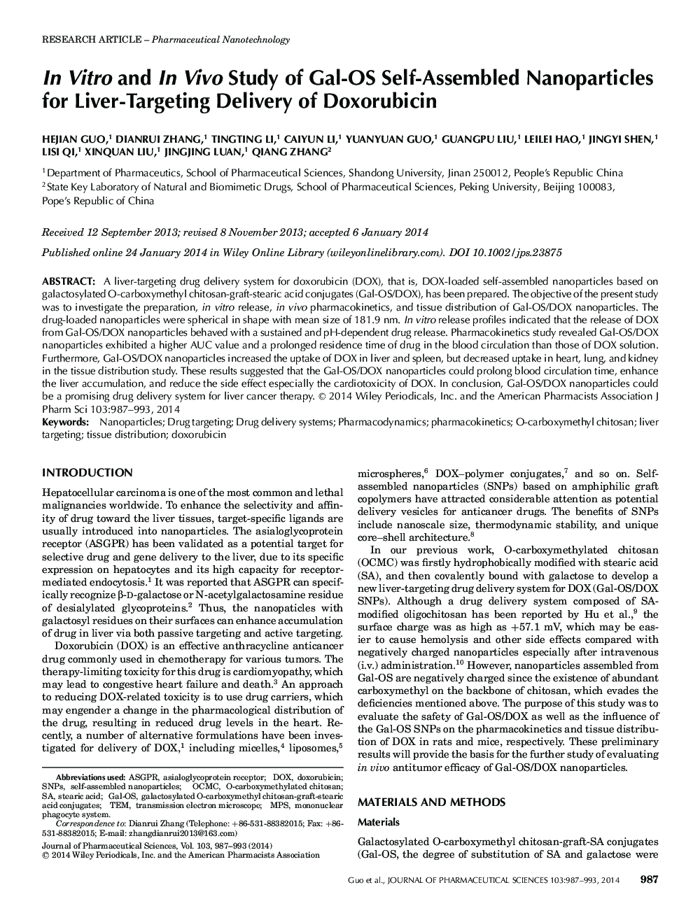 In Vitro and In Vivo Study of Gal-OS Self-Assembled Nanoparticles for Liver-Targeting Delivery of Doxorubicin